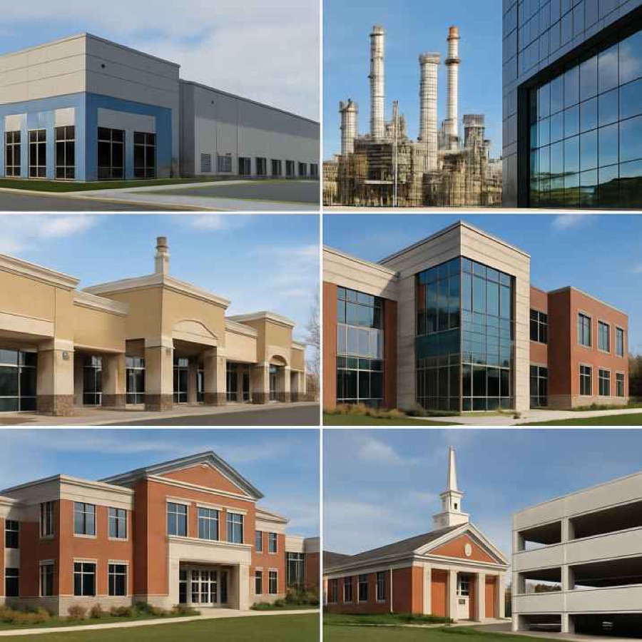 Grid of commercial, industrial, and residential building types we roof