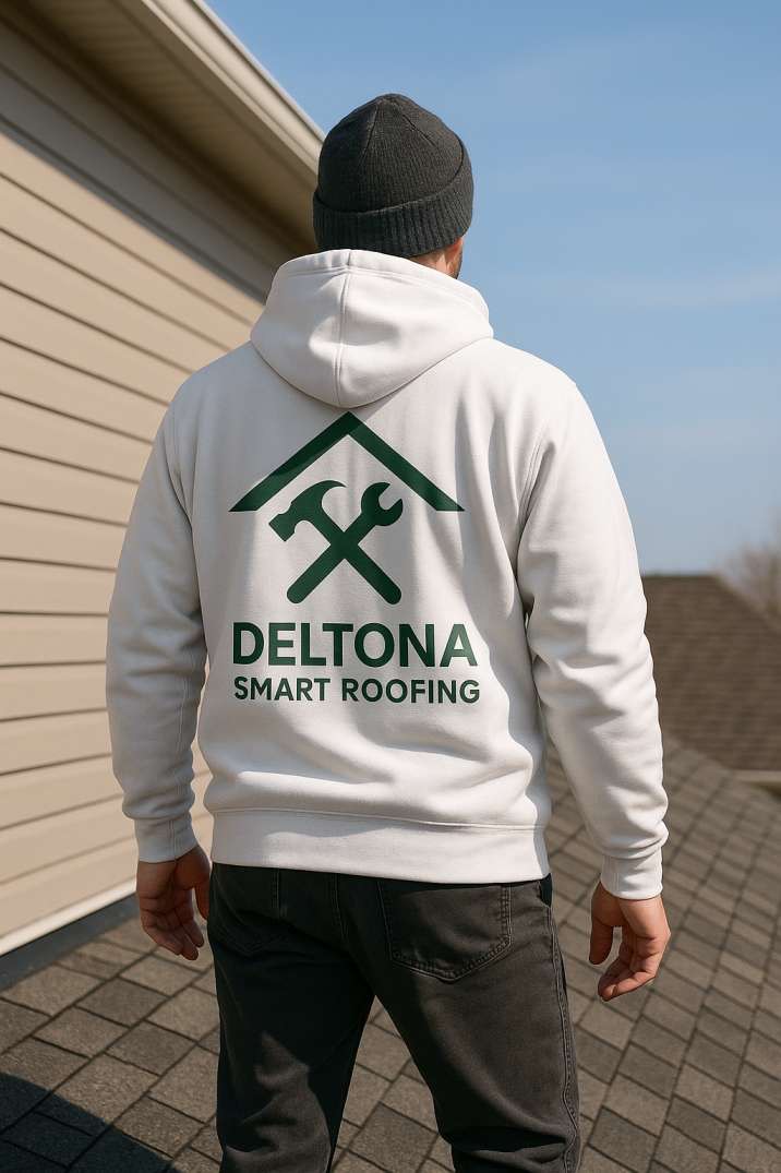Deltona Smart Roofing crew member in a branded hoodie on a job site