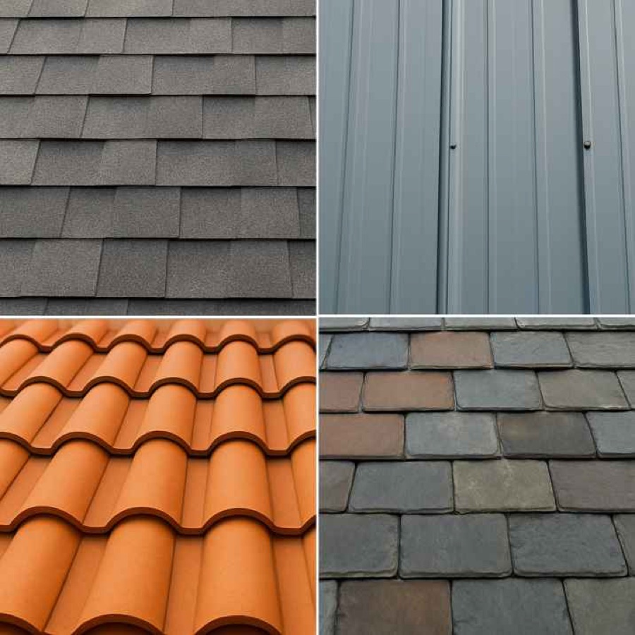 Grid showing asphalt shingle, metal, clay tile, and slate roofing materials