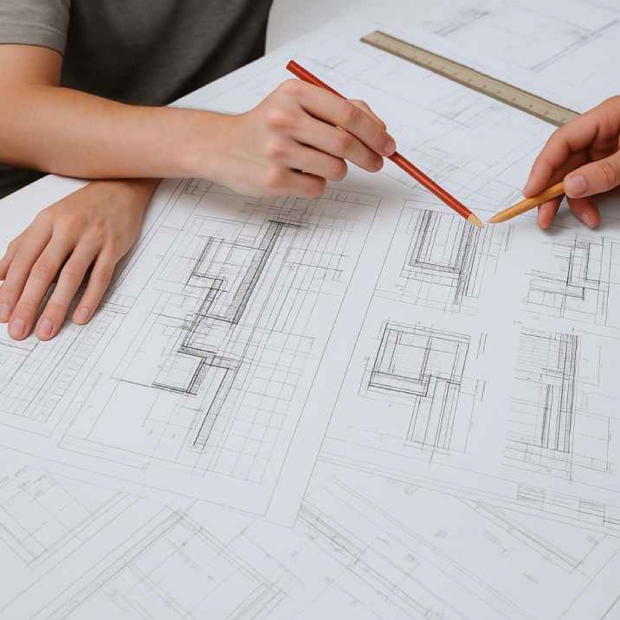 Hands reviewing roofing blueprints and plans